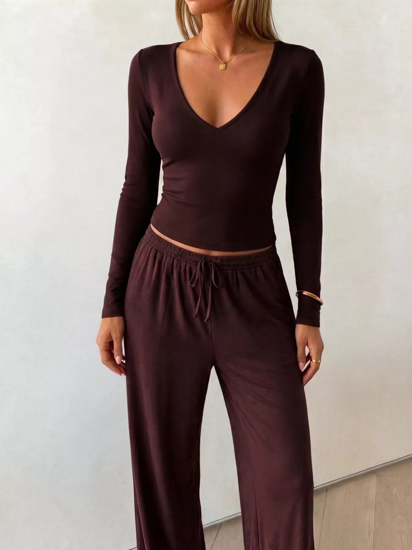 V-Neck Long Sleeve Top and Wide-Leg Pants Set