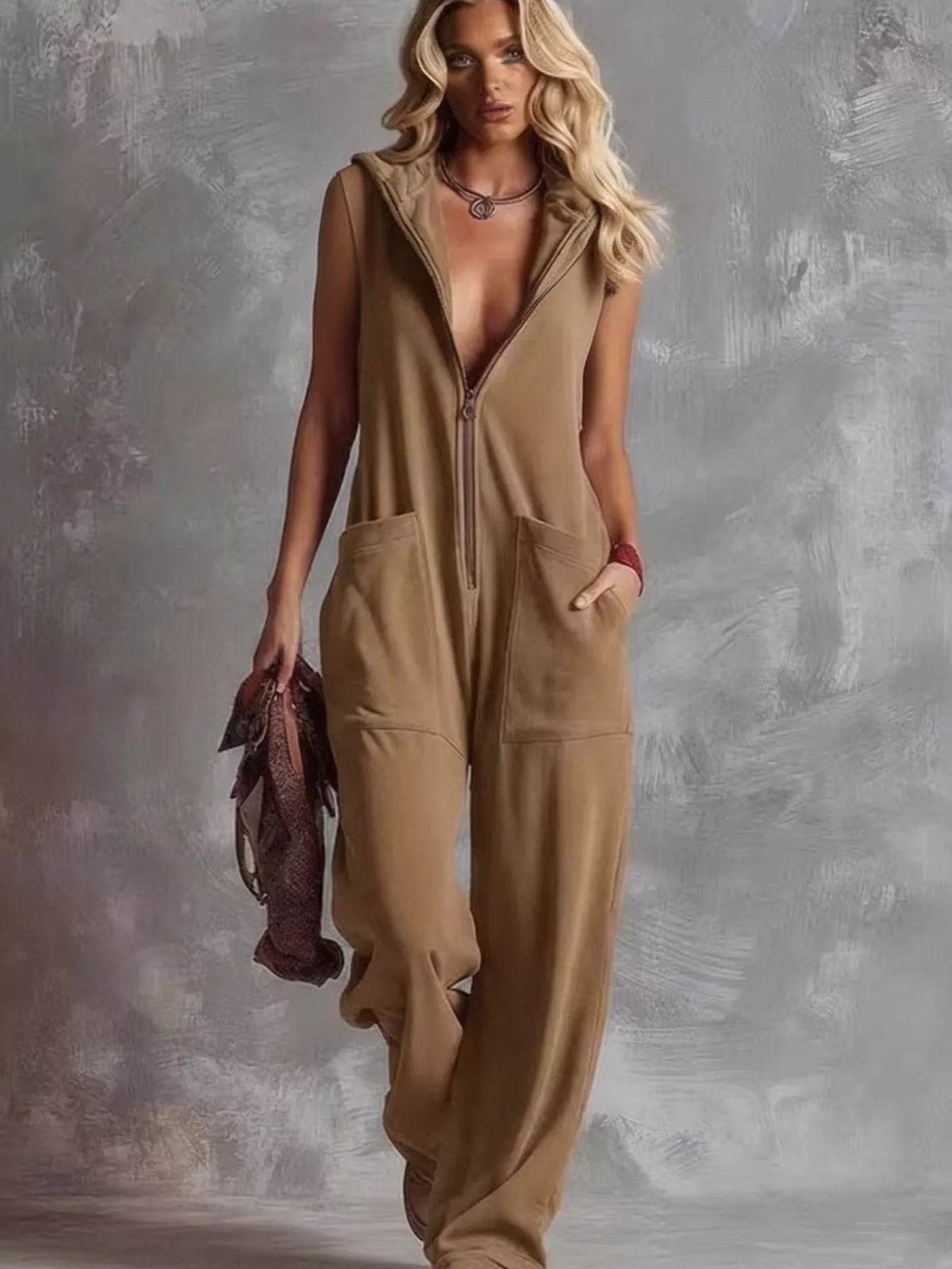Sleeveless Hooded Zip-Front Casual Jumpsuit