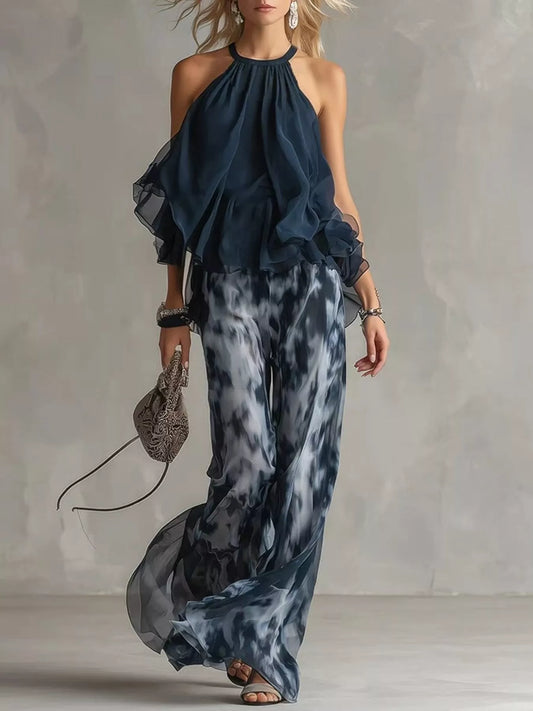 Halter Neck Top and Tie-Dye Wide-Leg Pants Set