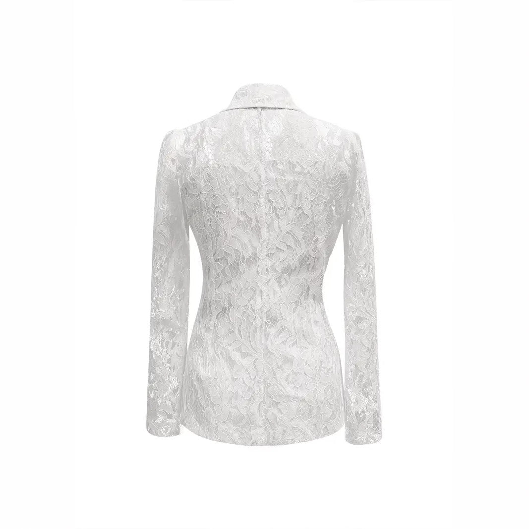 Sheer Floral Lace Blazer | Deep V Notched Lapel Single Button