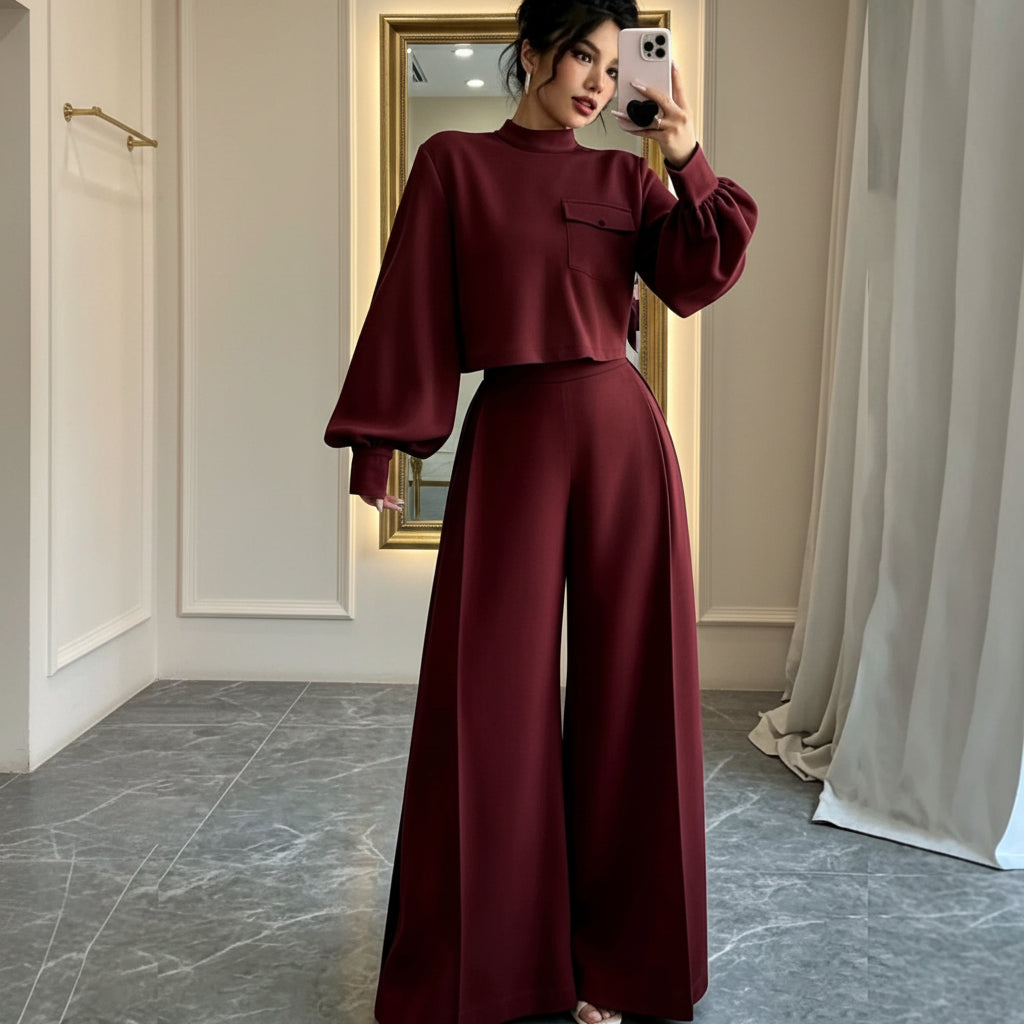Solid Color Wide Leg Pants Set for Women – Long Sleeve Two-Piece