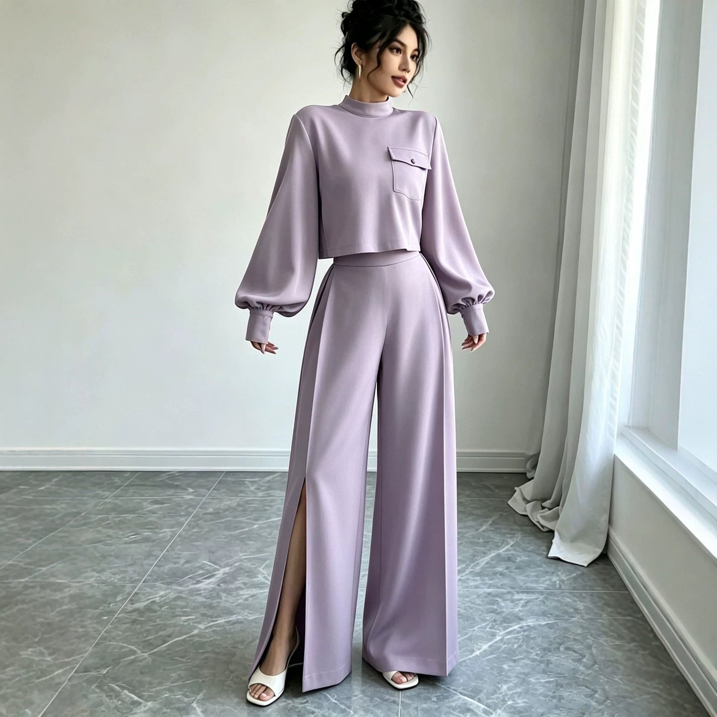 Solid Color Wide Leg Pants Set for Women – Long Sleeve Two-Piece
