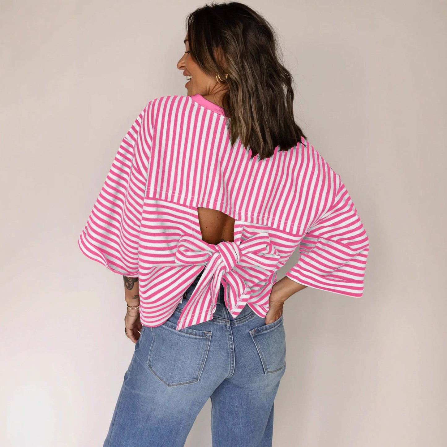 Women's Striped Back Tie-Bow Pullover Top – Round Neck 3/4 Sleeve