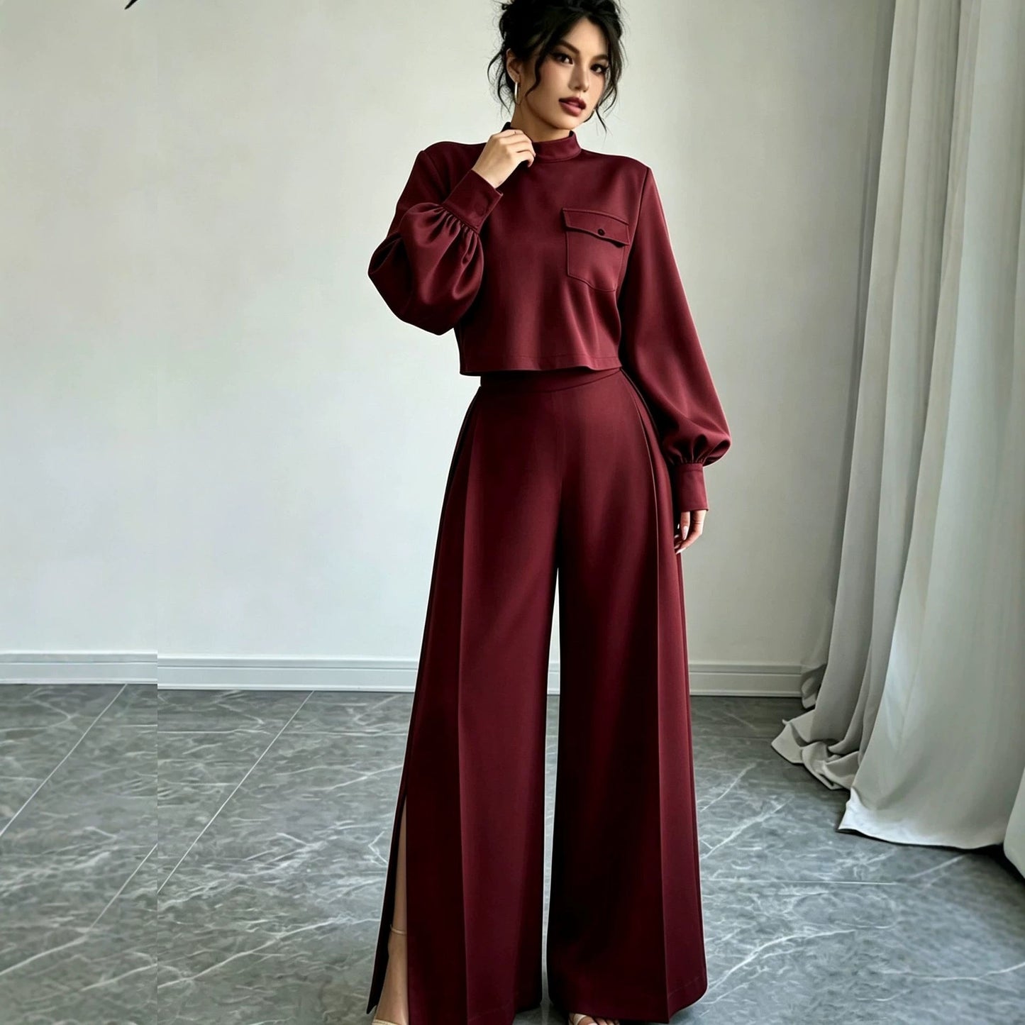 Solid Color Wide Leg Pants Set for Women – Long Sleeve Two-Piece