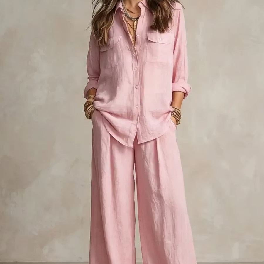 Women's Linen Two-Piece Set – Long Sleeve Shirt & Wide-Leg Pants