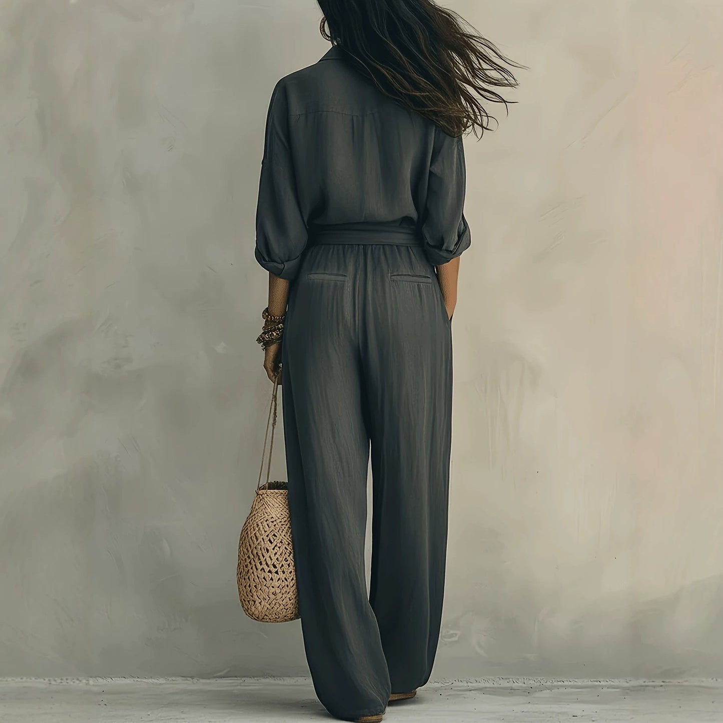 Linen-Look Shirt & Wide-Leg Trouser Set | Drawstring Waist 2-Piece | Gray