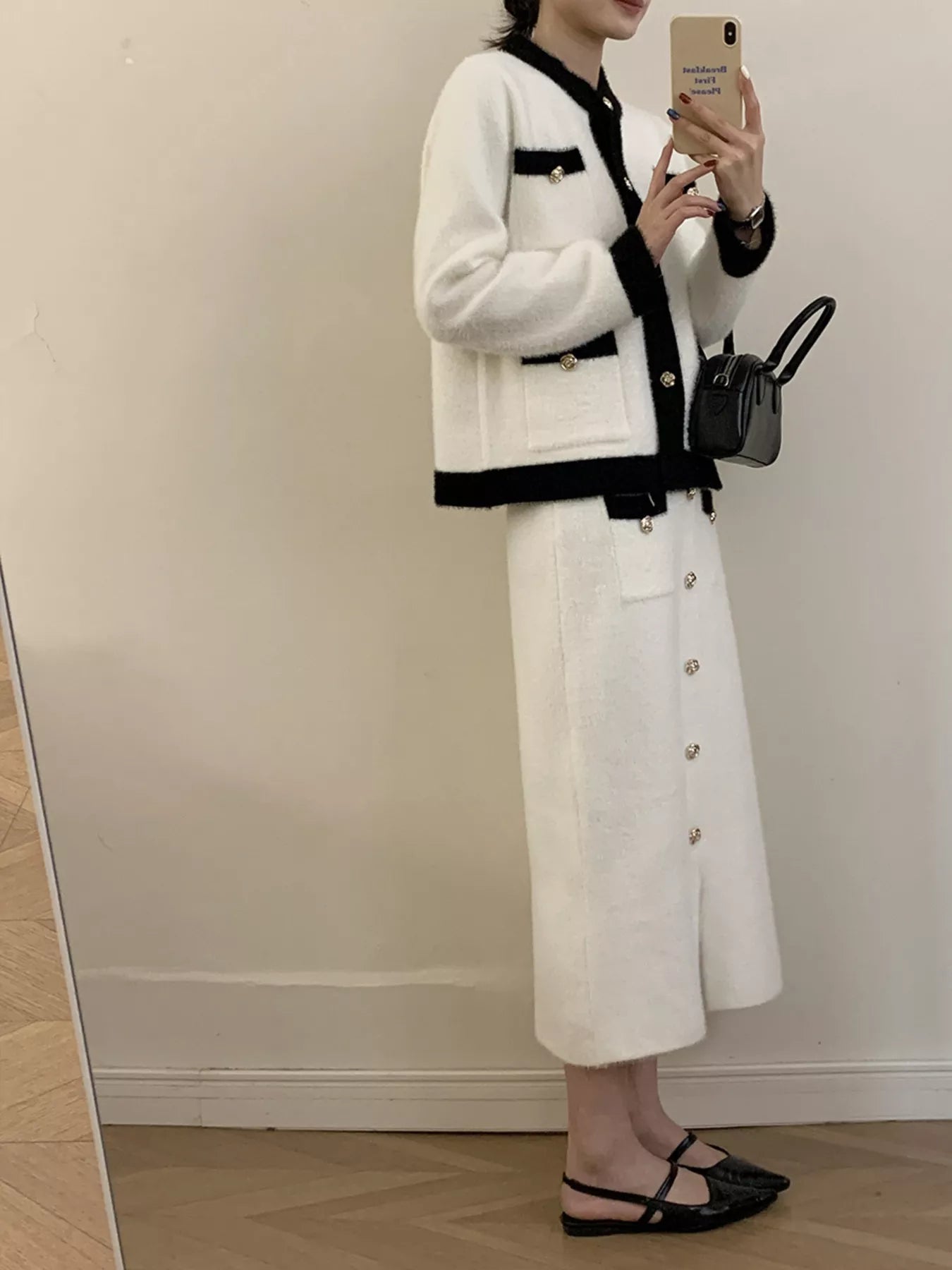 Contrast Trim Jacket and Skirts Sweater Set
