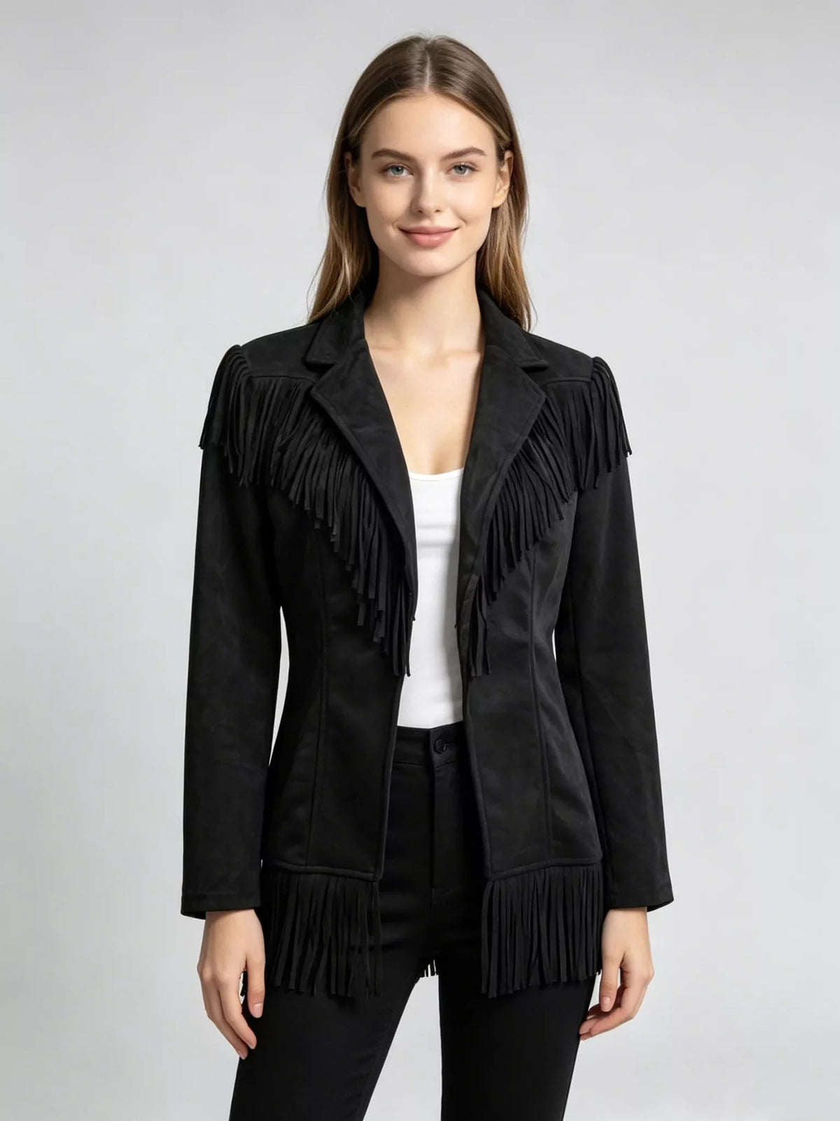 Western-Inspired Fringed Open Front Jacket