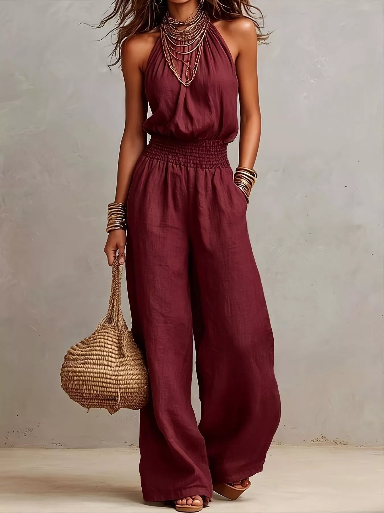 Smocked Halter Neck Wide-Leg Jumpsuit