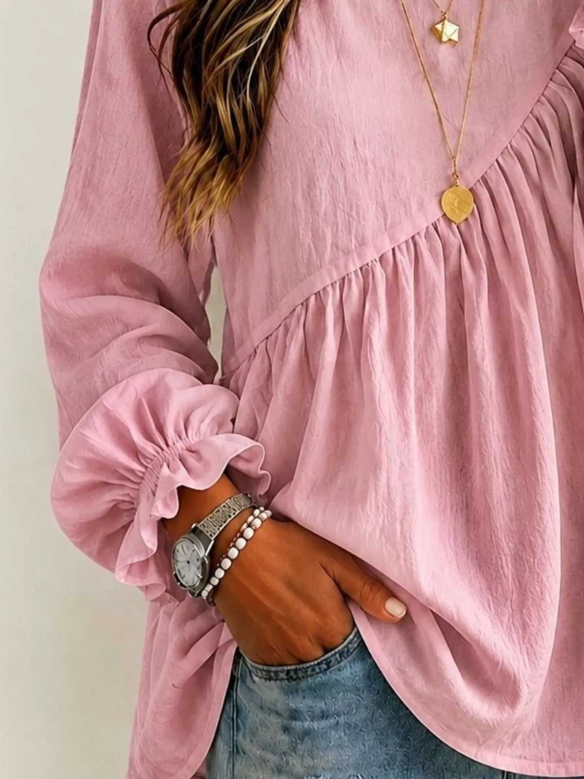 Long Sleeve Blouse with Asymmetric Pleated Detail