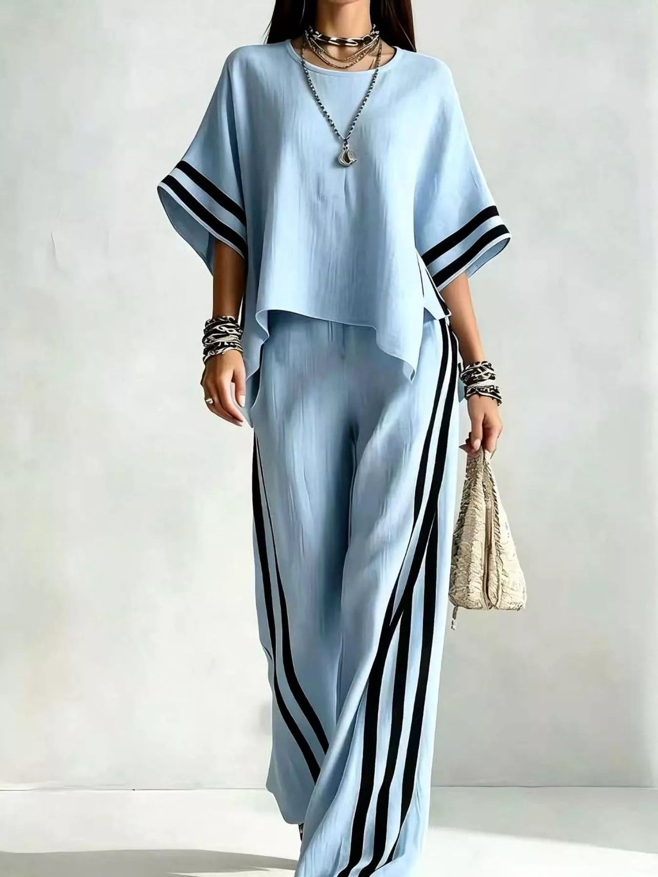 Full Size Striped 3/4 Sleeve Top and Pants Set Plus Size