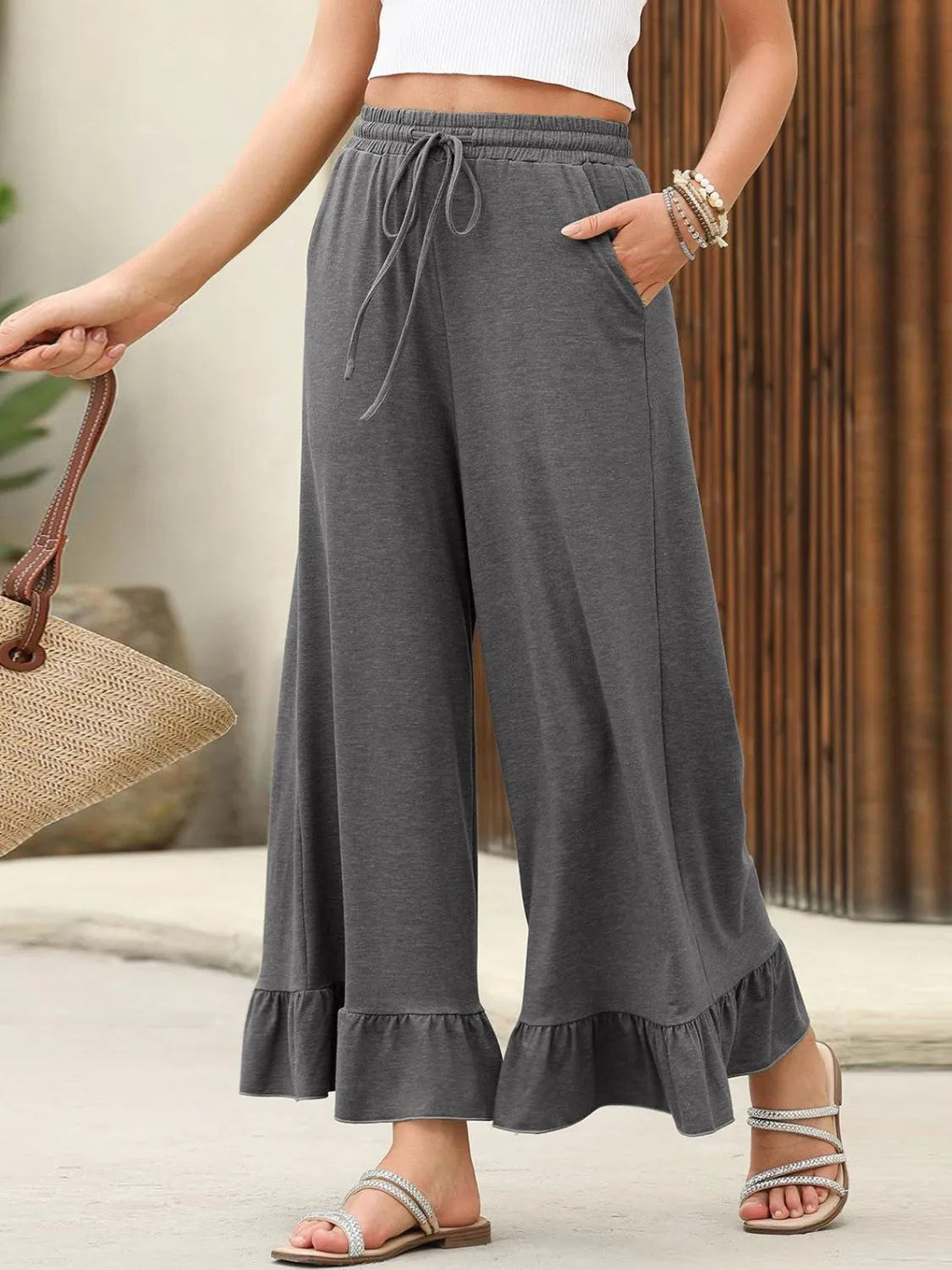 Ruffled Hem Wide Leg Pants