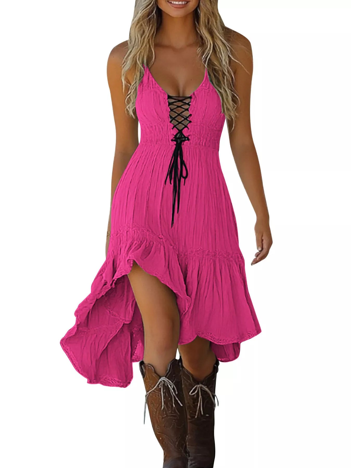 Lace-Up Front High-Low Ruffle Hem Dress