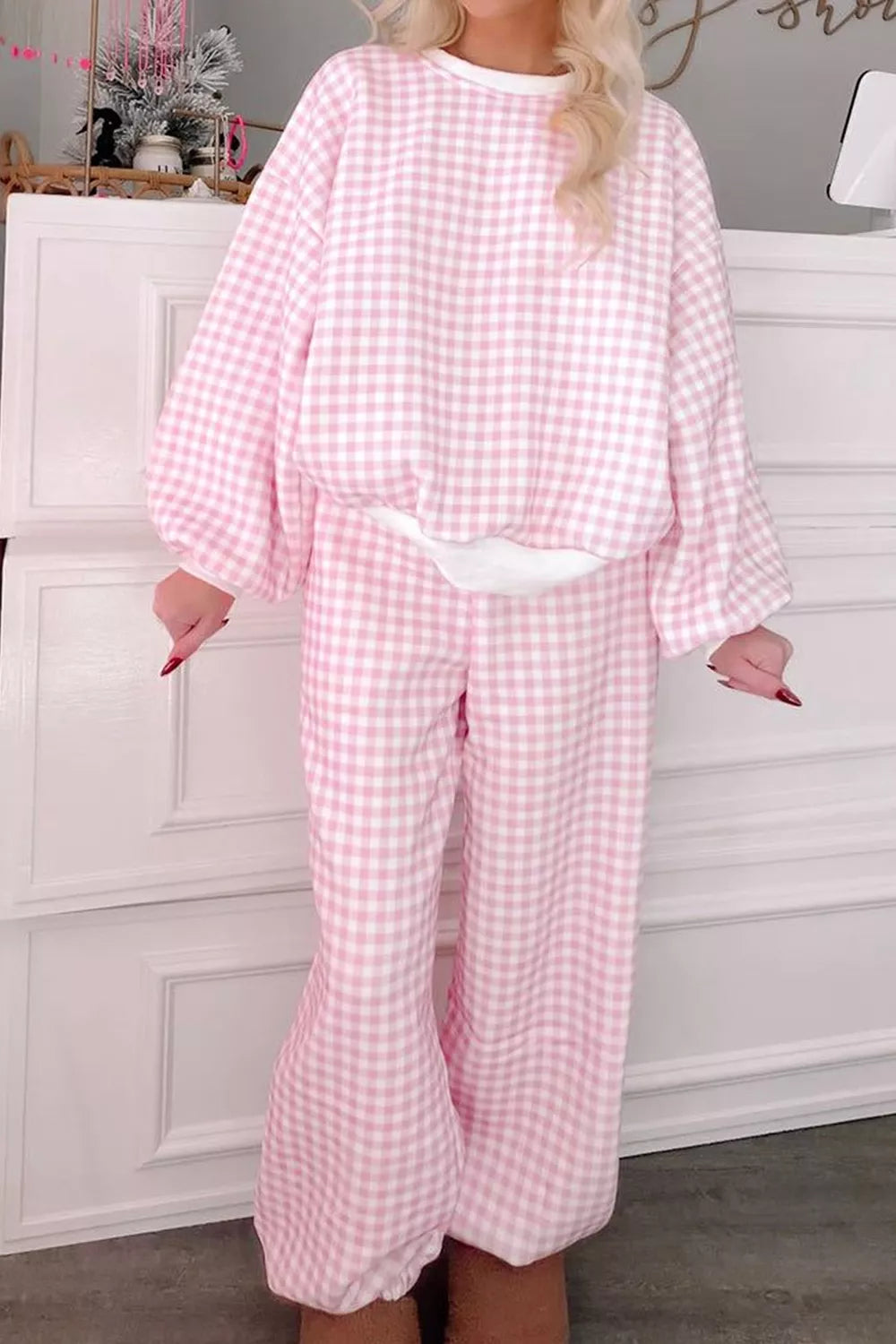 Gingham Round Neck Top and Pants Set