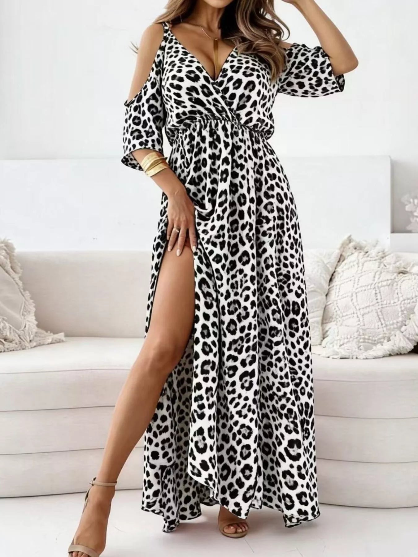 Slit Cold Shoulder Maxi Dress