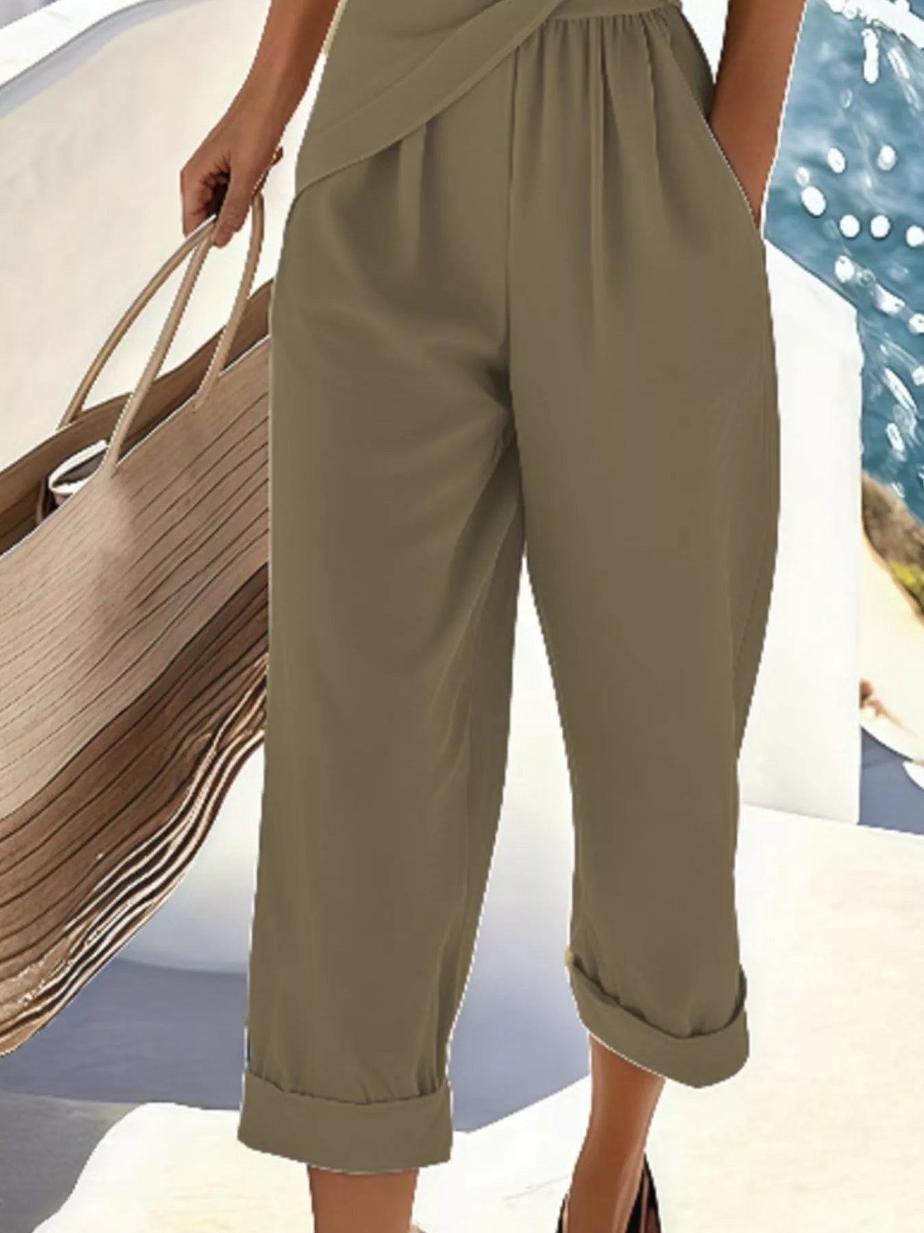 Full Size Surplice Short Sleeve Top and Pants Set Plus Size