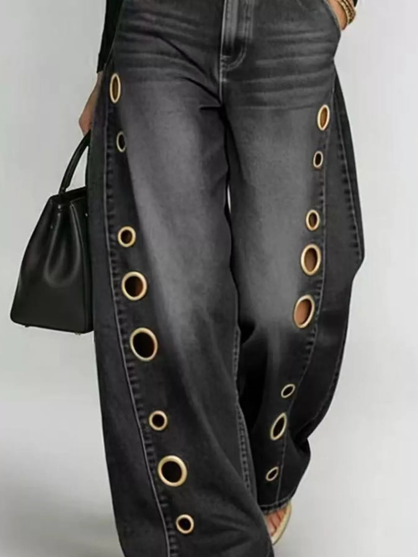 Wide Leg Jeans with Eyelet Details