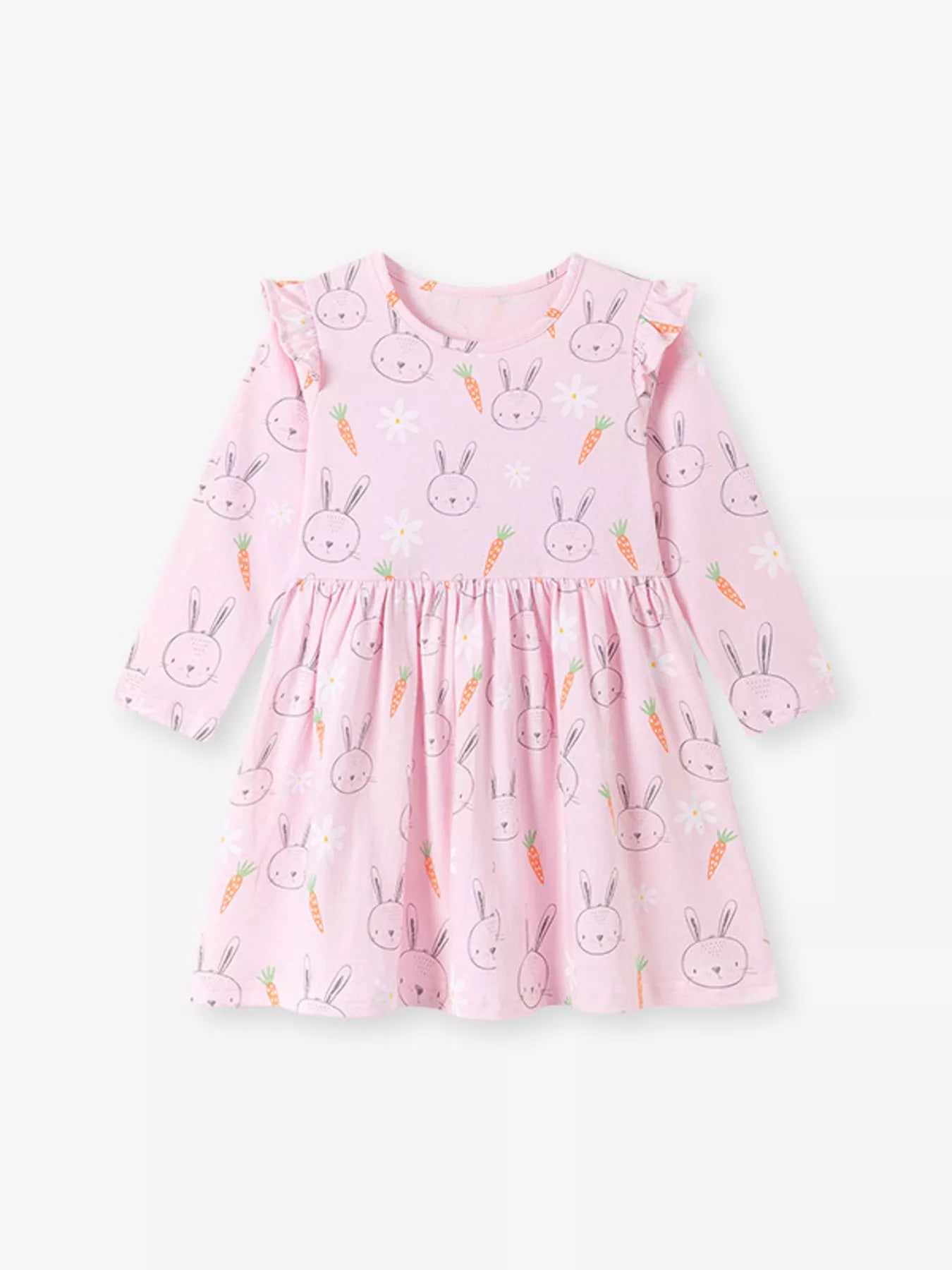 Children's Bunny and Carrot Print Ruffle Sleeve A-Line Dress
