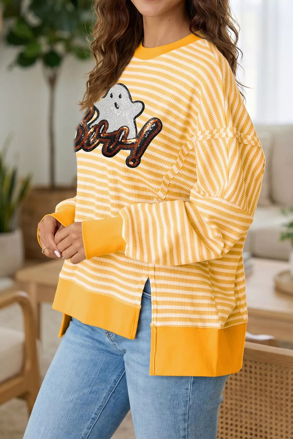 Stripe Boo Sequin Ghost Halloween Split Hem Long Sleeve Top