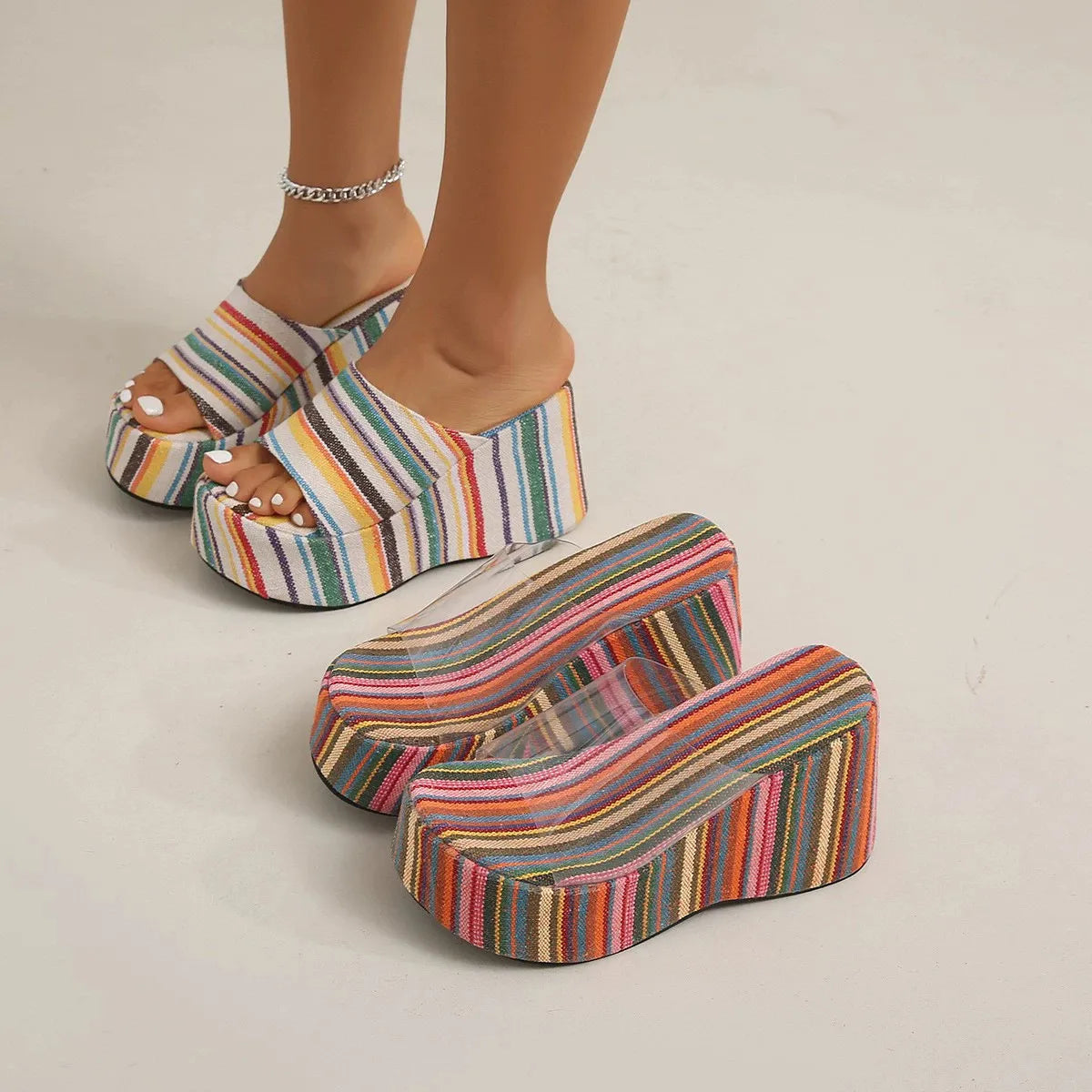 Striped Platform Wedge Sandals