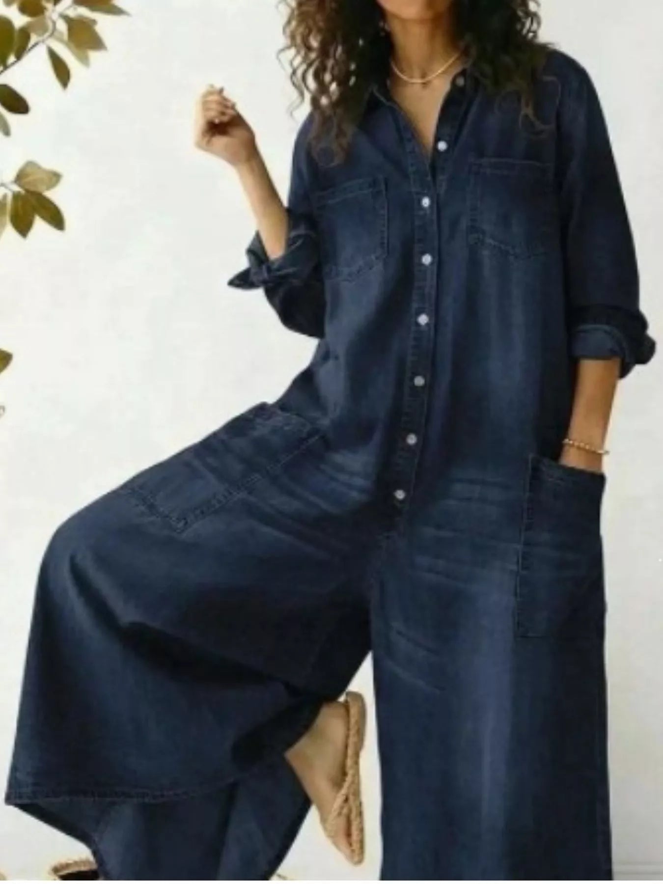 Full Size Button Front Wide Leg Jumpsuit with Chest Pockets Plus Size