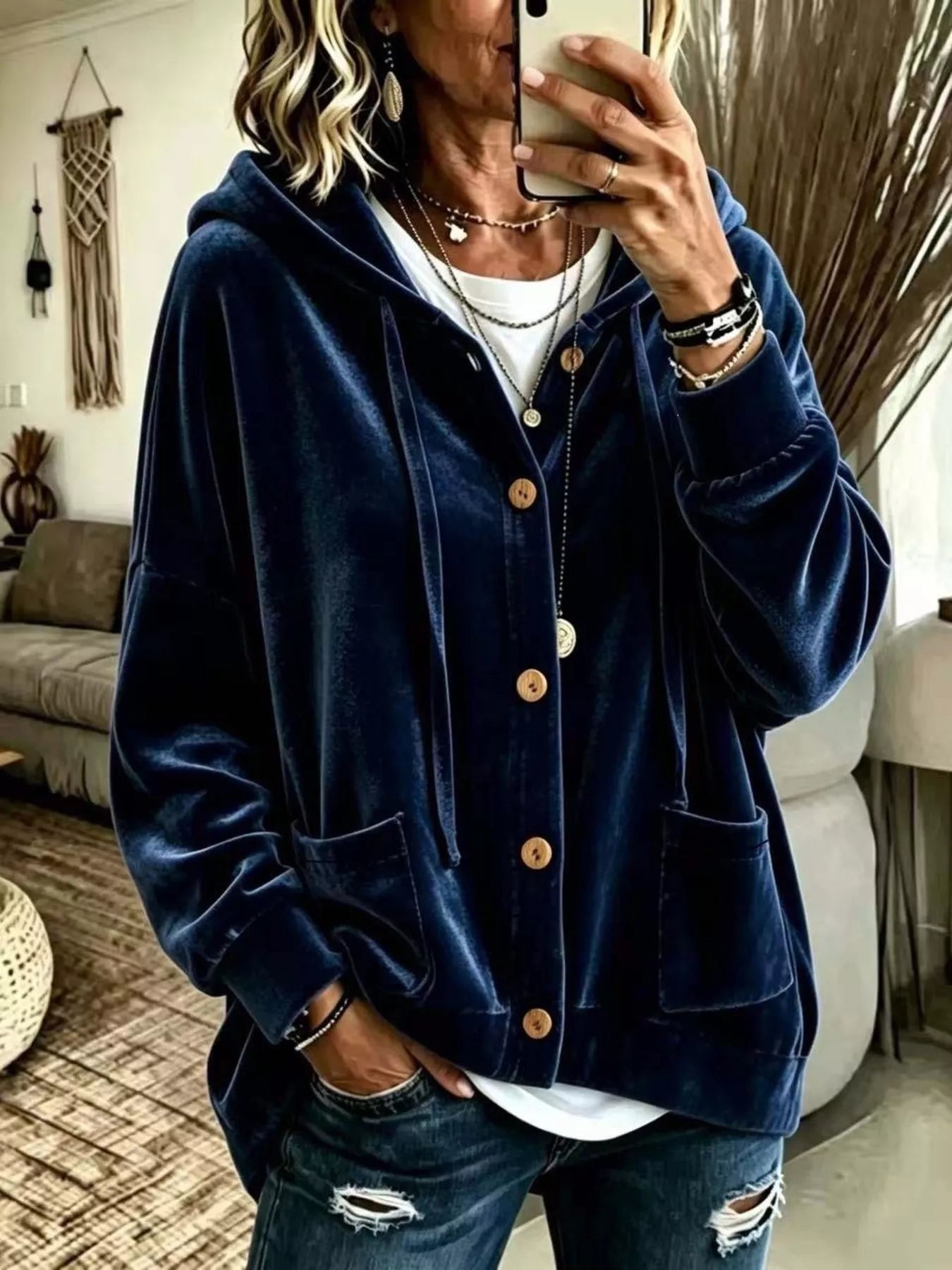 Full Size Casual Button-Down Hooded Outerwear Plus Size