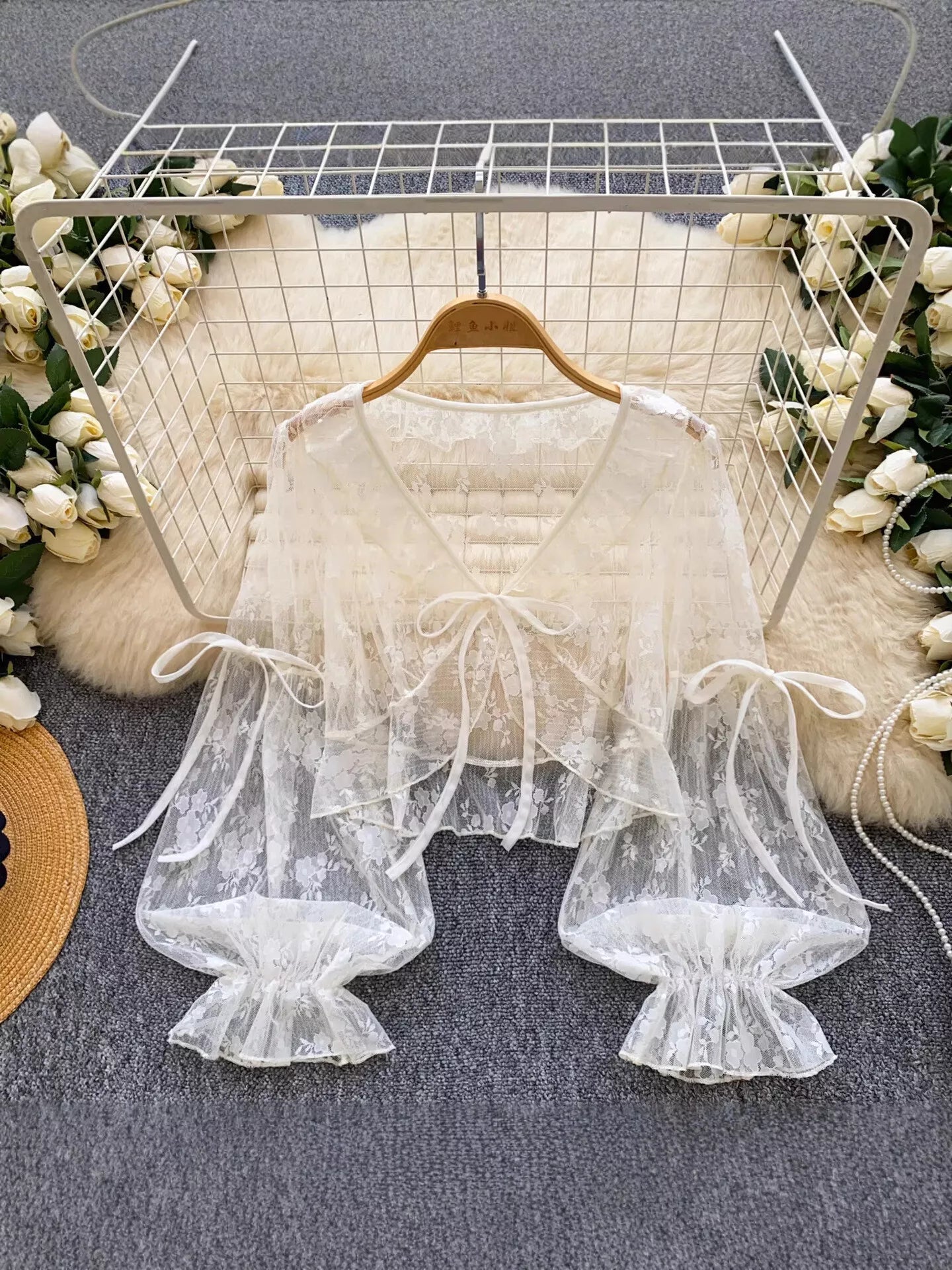 Sheer Lace Tie Front Flounce Sleeve Top
