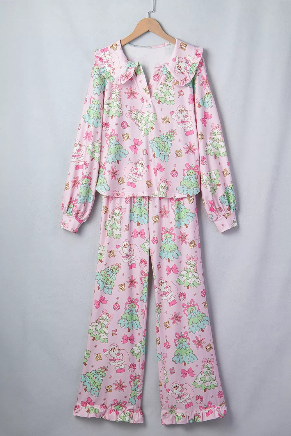 Christmas Print Button Front Long Sleeve Lounge Set
