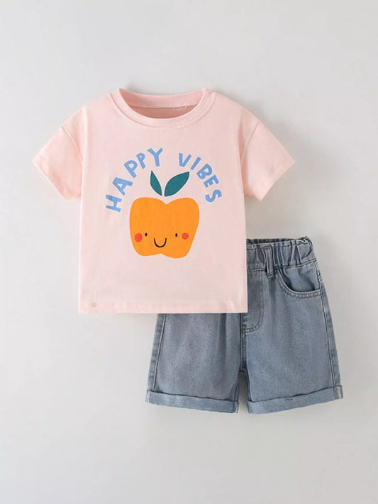 Children's Happy Vibes Graphic Tee & Denim Shorts Set