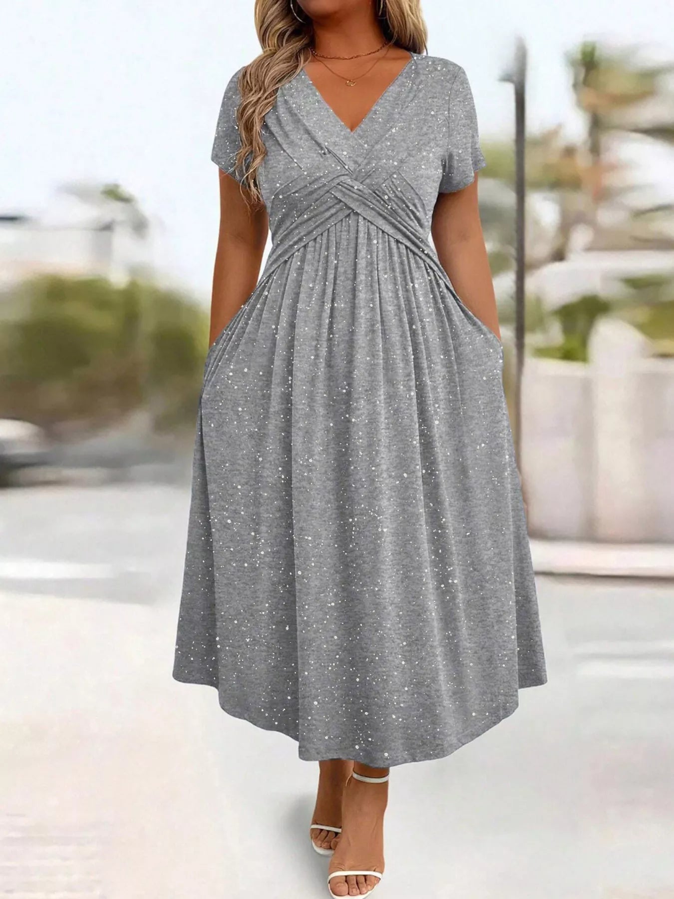 Full Size Glitter Flutter Sleeve Midi Dress Plus Size