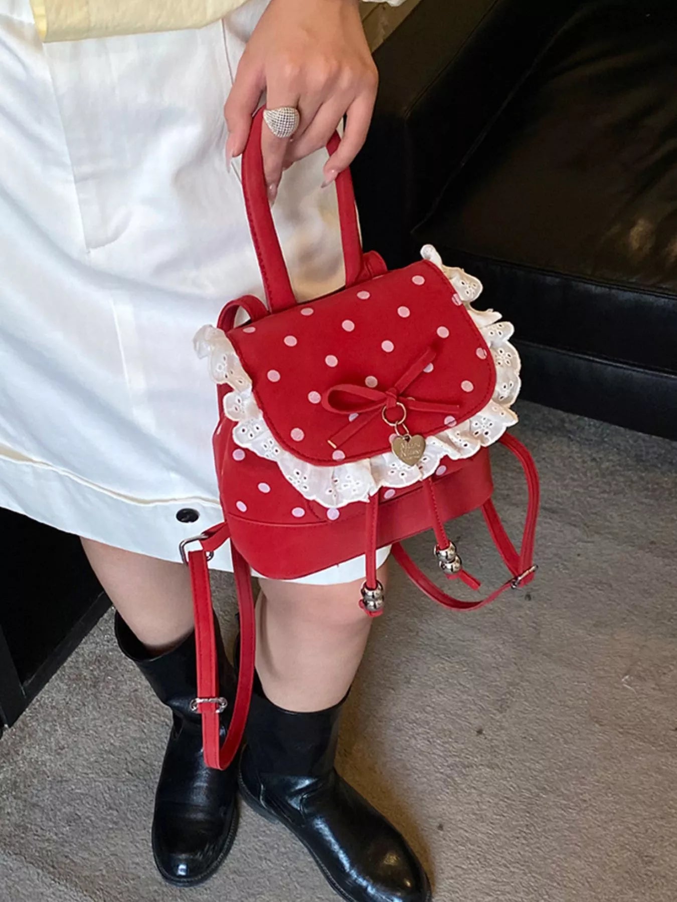 Polka Dot Lace Trim Backpack Bag