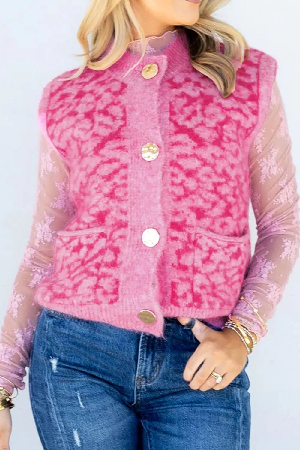 Leopard Button-Down Fuzzy Sweater Vest
