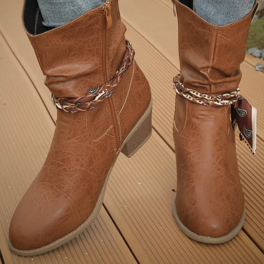 Braided Detail Western Boots with Block Heels