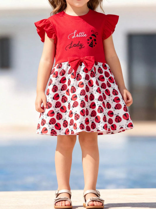 Children's Ladybug Print Ruffle Sleeve Dress