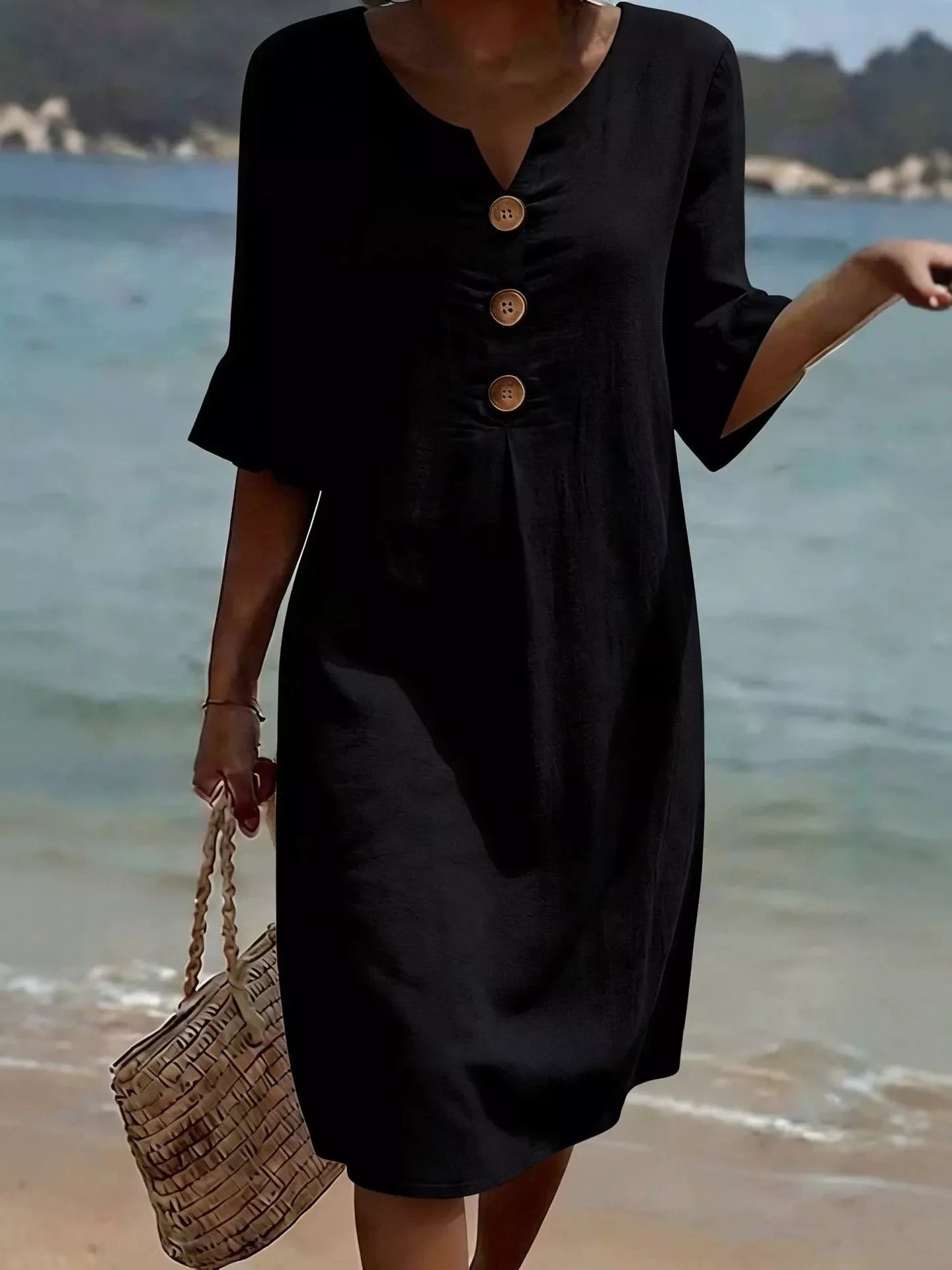 Full Size Casual Decor Button Dress with Ruffle Sleeves Plus Size
