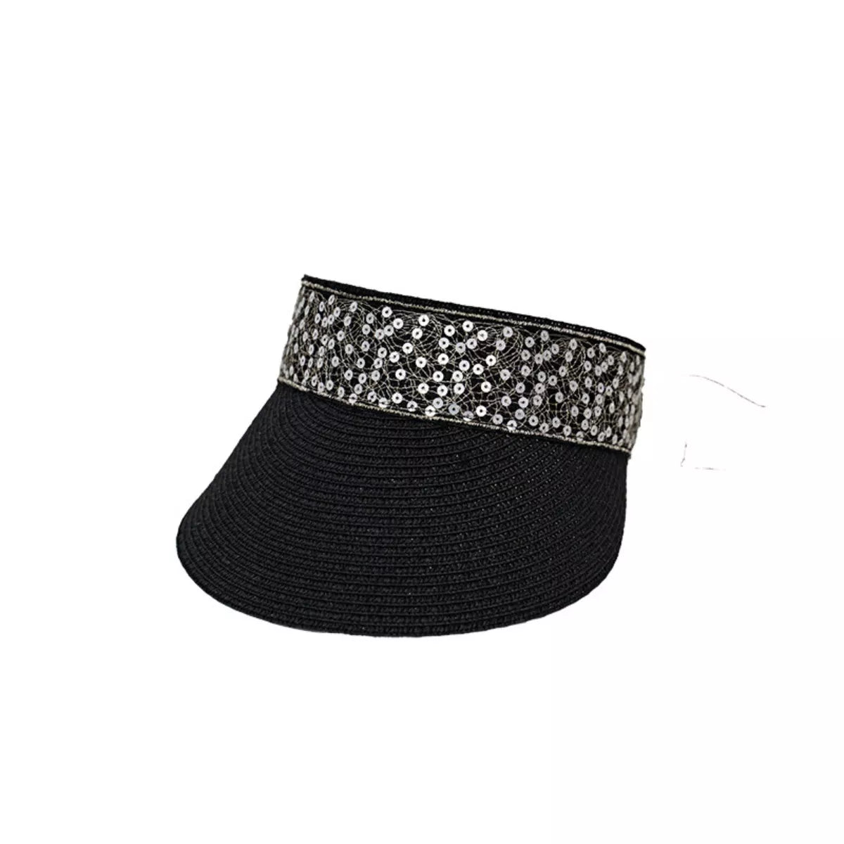 Sequined Visor Sun Hat with Ribbon Tie