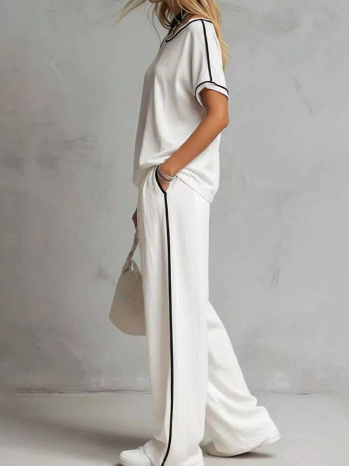 Contrast Trim Round Neck Top and Pants Set