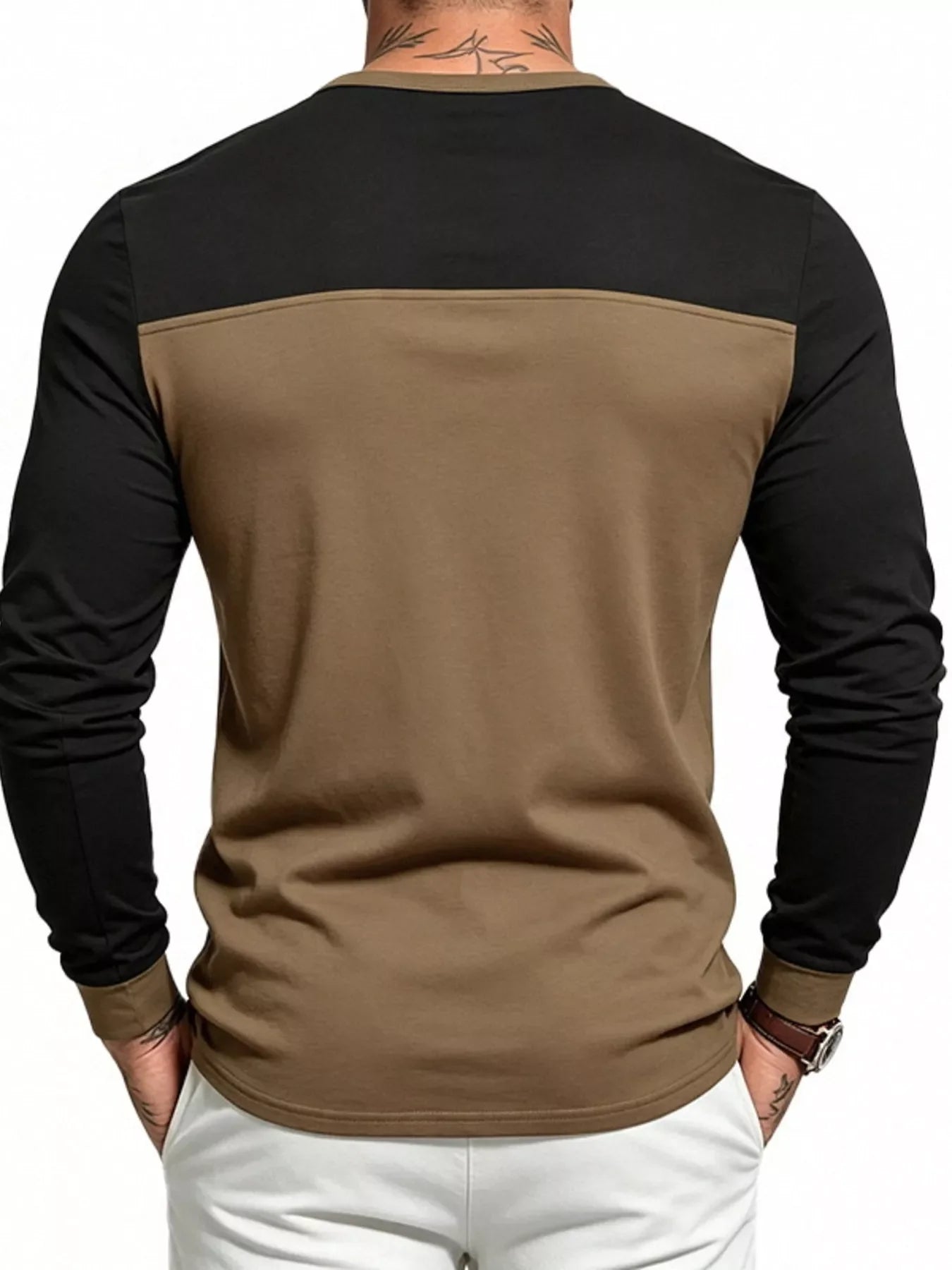 Men's Full Size Color-Block Long Sleeve Henley T-Shirt Plus Size