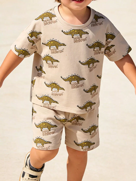 Children's Dinosaur Print Round Neck Tee and Shorts Set