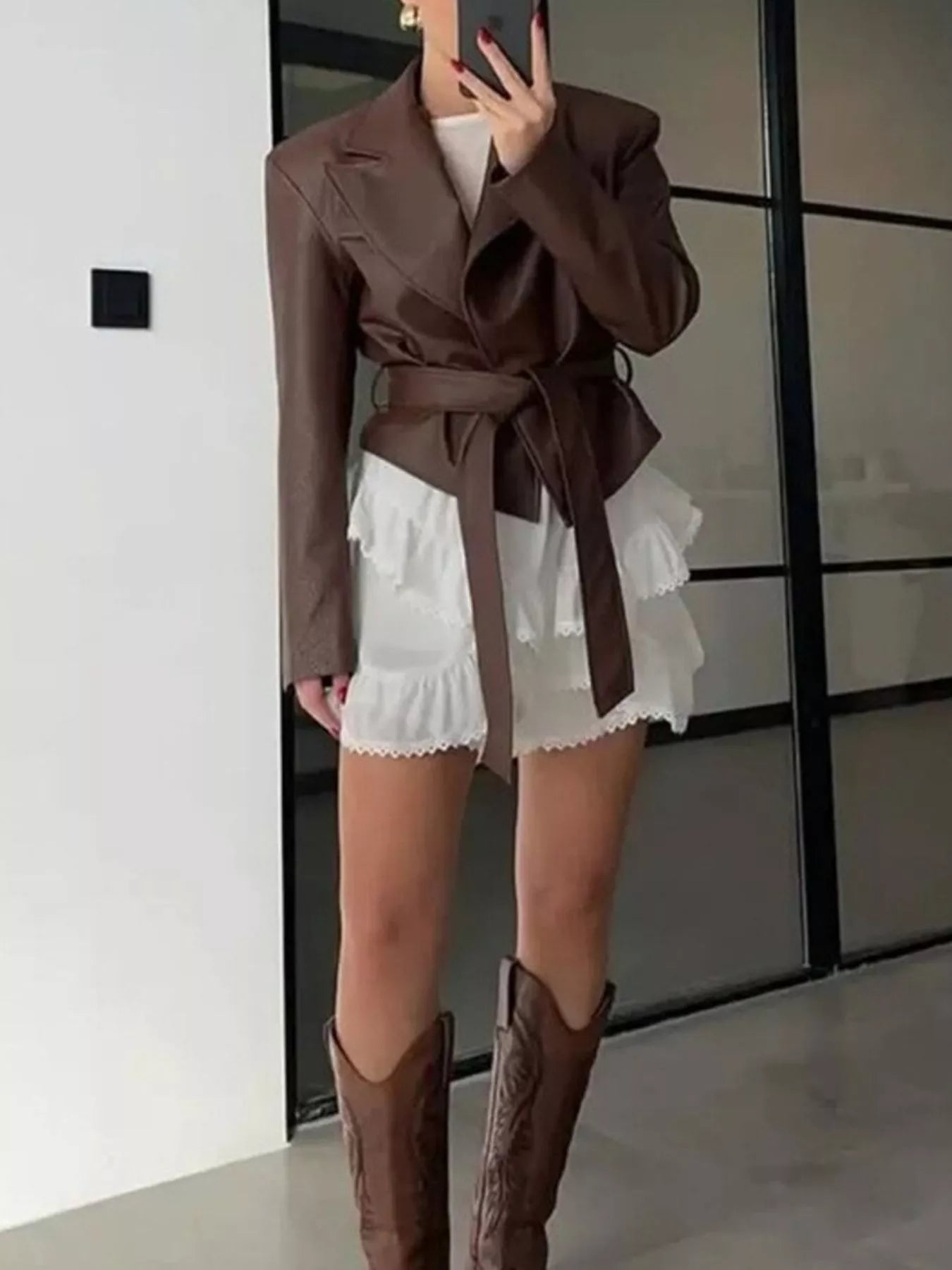 Belted Leather Jacket with Shawl Collar