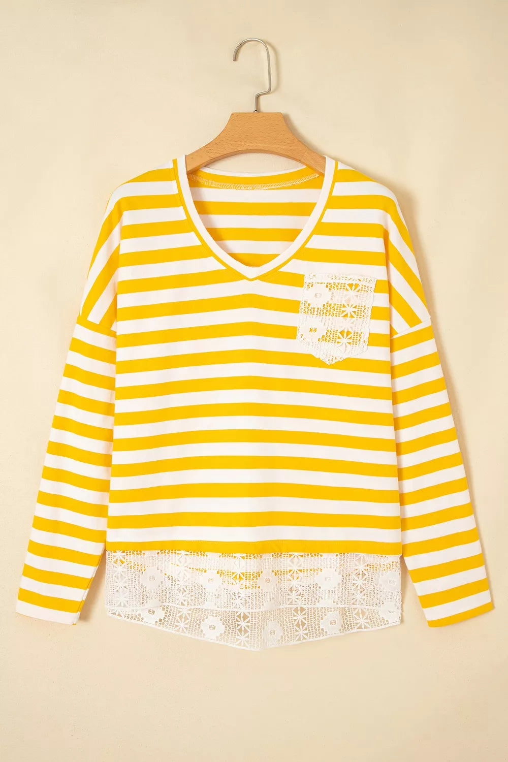 Stripe Striped Lace Patchwork V Neck Long Sleeve Top