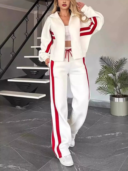 Full Size Striped Zip Up Outerwear and Pants Set Plus Size