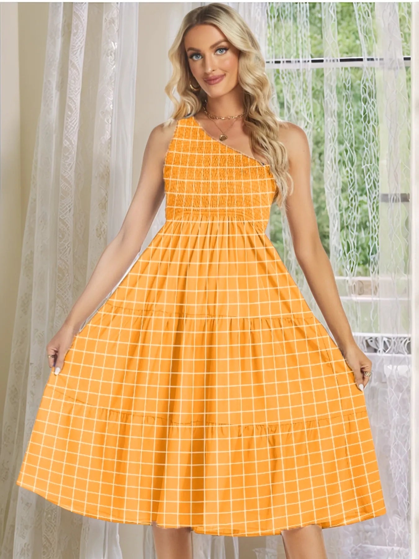 One-Shoulder Tiered Midi Dress with Smocked Bodice