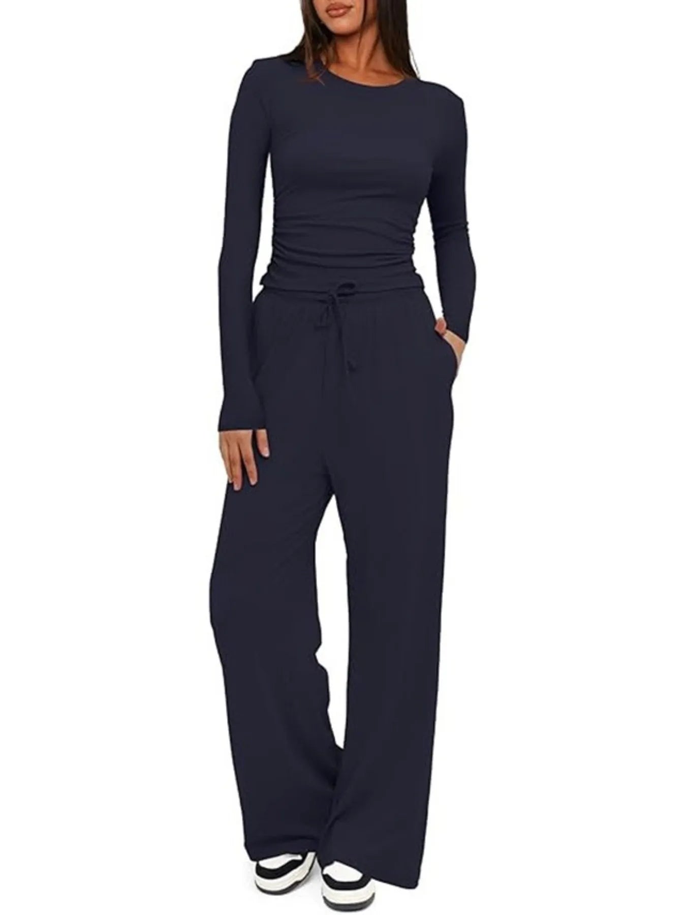 Round Neck Long Sleeve Top and Pants Set