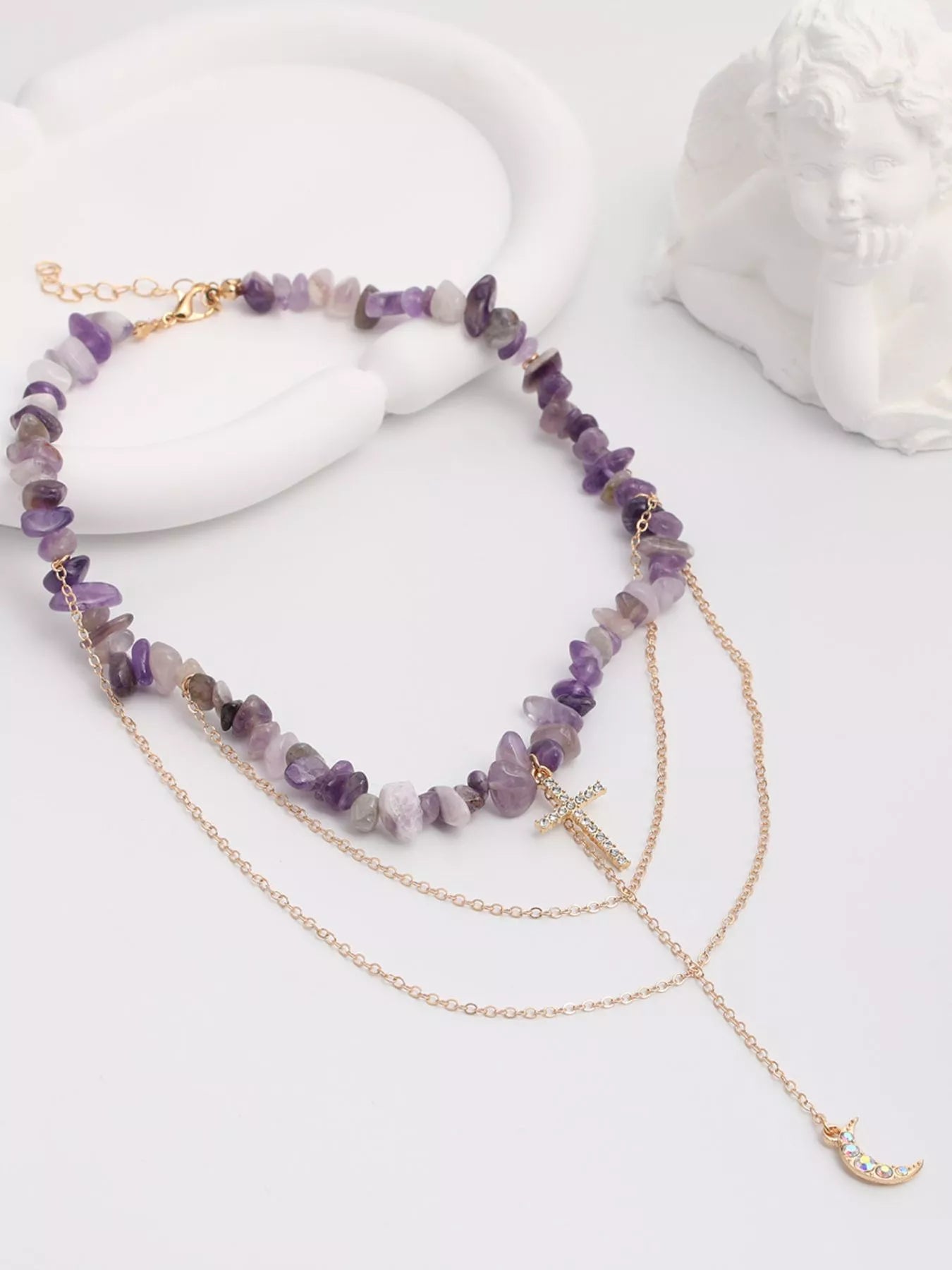 Layered Cross and Moon Pendant Necklace