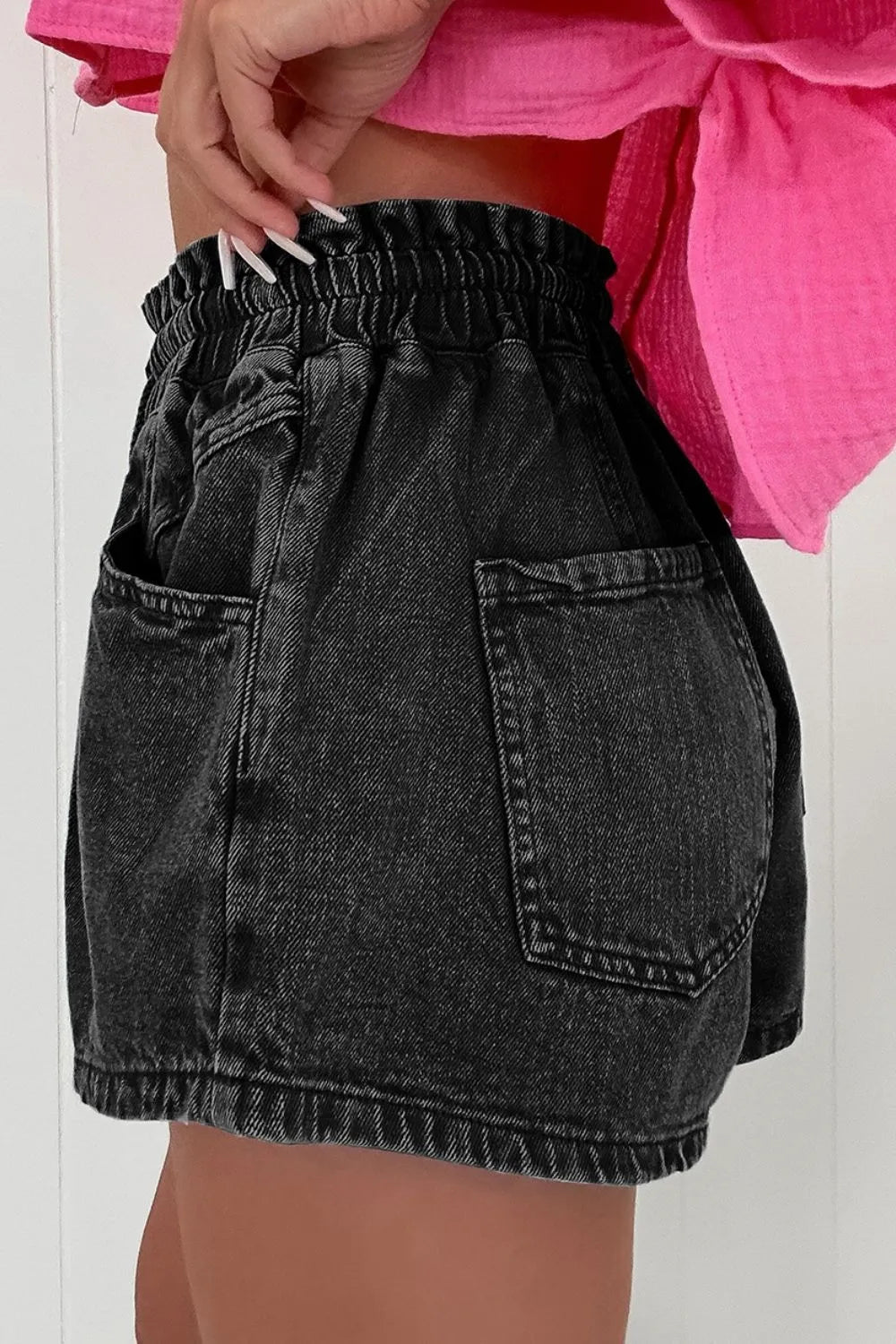 Drawstring High Waist Denim Shorts with Pockets
