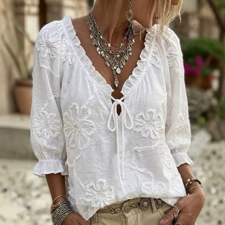 Jacquard Floral Ruffle Trim Lace-Up V-Neck Puff Sleeve Blouse