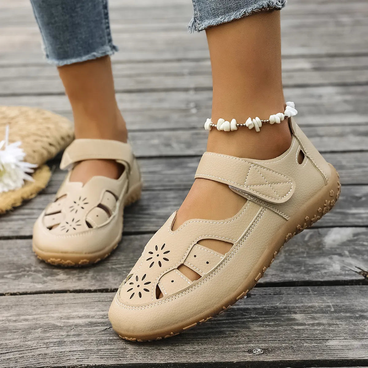 Cutout Velcro Straps Sandals