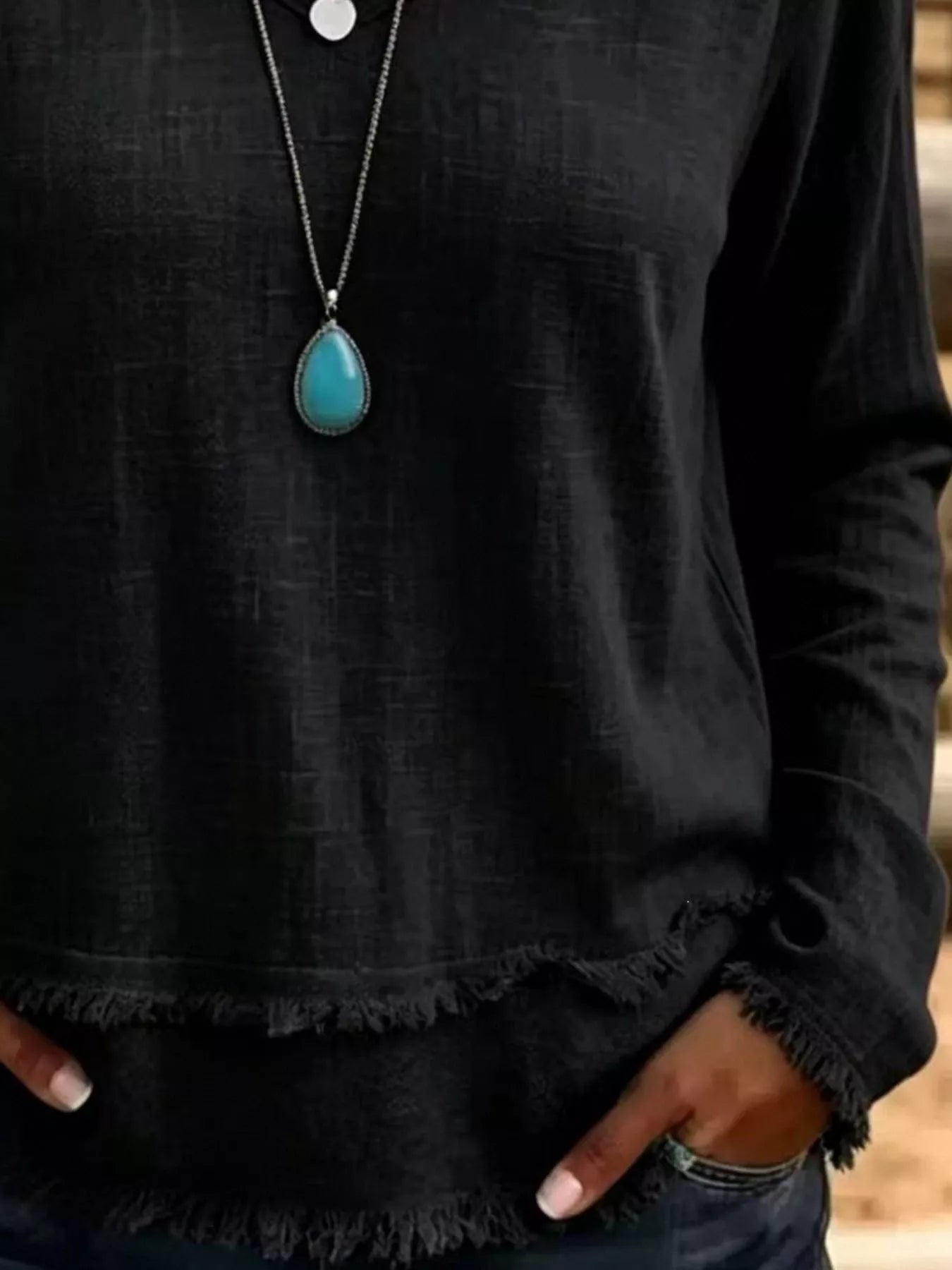 V-Neck Frayed Hem Long Sleeve T-Shirt