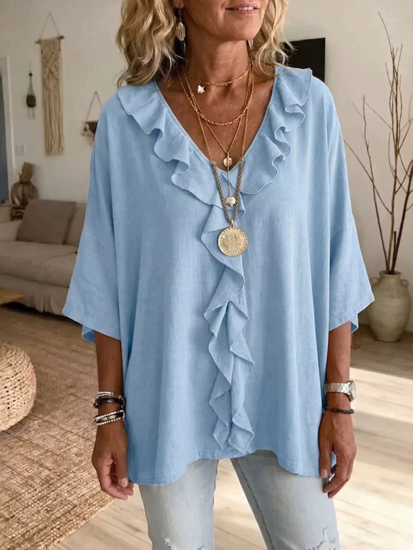 Full Size Ruffled V-Neck 3/4 Sleeve Blouse Plus Size